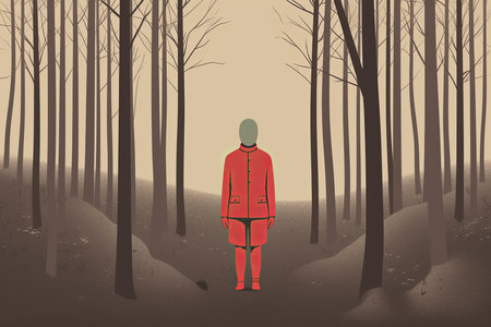 Dreary White and Red Landscape Scene Graphic Illustration with a Person Silhouetteの素材