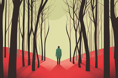 Dreary White and Red Landscape Scene Graphic Illustration with a Person Silhouetteの素材