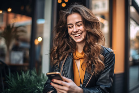 Portrait of a CIty Woman Smiling with Her Smartphoneの素材