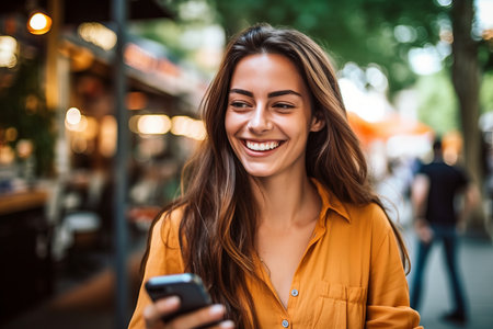 Portrait of a CIty Woman Smiling with Her Smartphoneの素材