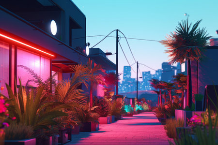 3D Render Futuristic Neon Summer City Backgroundの素材
