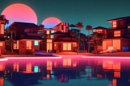 3D Render Futuristic Neon Summer City Backgroundの素材