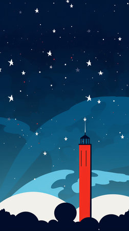 Night sky with stars and the silhouette of a lighthouse. Patriotic monument abstract background. Vector illustration.の素材