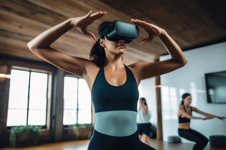 Woman Wearing a VR Headset While Doing Yogaの素材
