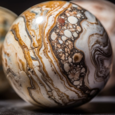 close up of a marble ball on a wooden table. selective focusの素材