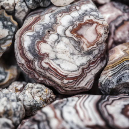 closeup of natural mineral rock specimen - polished Agate stone texture as backgroundの素材