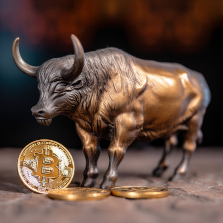 Closeup of a Bitcoin with a Bullの素材