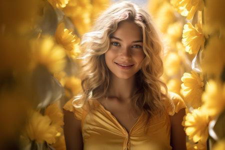 a beautiful blonde woman smiling in front of yellow flowersの素材