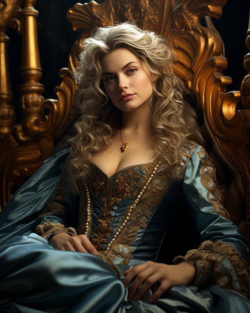a beautiful blonde woman in a blue dress sitting on a golden throneの素材