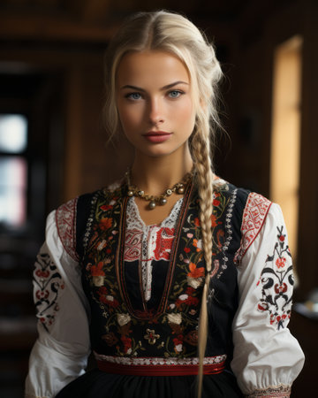 a beautiful blonde woman in traditional clothingの素材