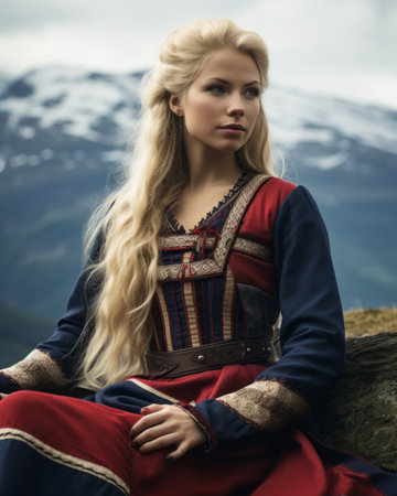 a beautiful blonde woman in a traditional norwegian dress sitting on a rockの素材
