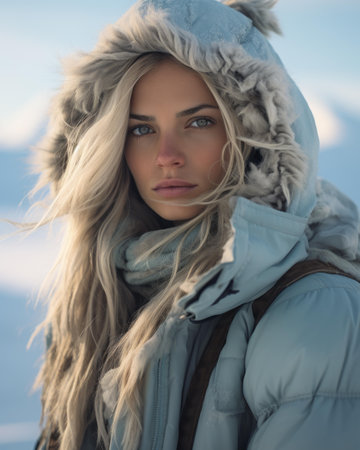a beautiful blonde woman in a winter coatの素材