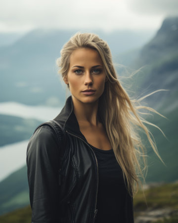 a beautiful blonde woman standing on top of a mountainの素材