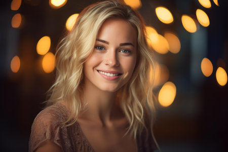 a beautiful blonde woman smiling in front of bokeh lightsの素材