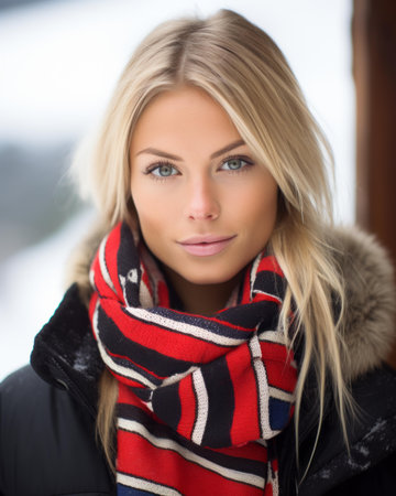 a beautiful blonde woman wearing a red white and blue scarfの素材