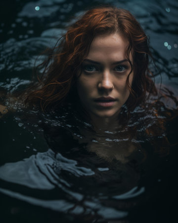 a beautiful red haired woman in the waterの素材