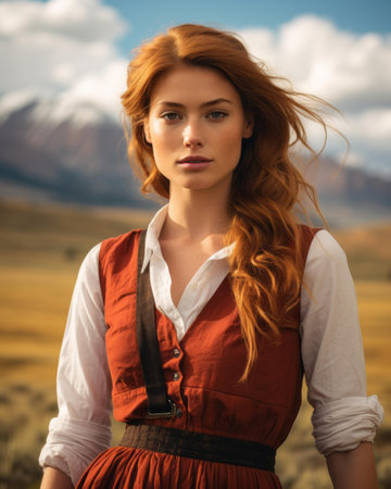 a beautiful red haired woman standing in the middle of a field with mountains in the backgroundの素材