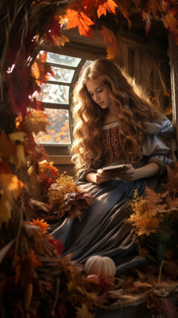a beautiful woman in a long dress sitting in a window surrounded by autumn leavesの素材