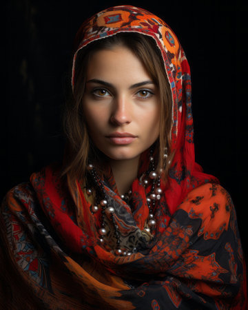 a beautiful woman in a colorful headscarfの素材
