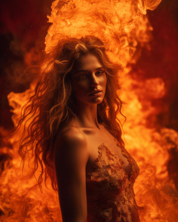 a beautiful woman in a dress with fire coming out of her hairの素材