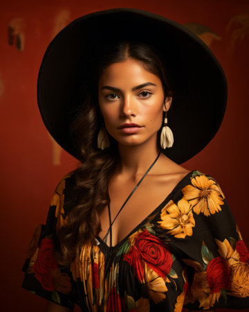 a beautiful woman in a black hat and floral dressの素材