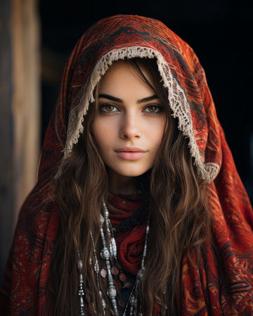 a beautiful woman in a red shawlの素材