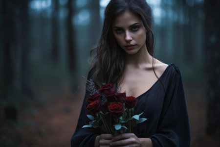 a beautiful woman in a black dress holding a bunch of red rosesの素材
