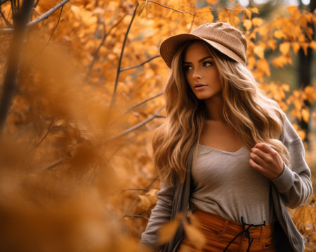 a beautiful blonde woman in an orange skirt and hat in an autumn forestの素材