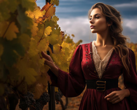 a beautiful woman in a red dress standing in front of a vineyardの素材