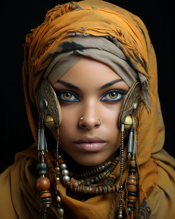 a beautiful woman in a headscarf and jewelryの素材