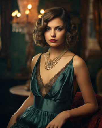 a beautiful woman in a green dress and necklaceの素材
