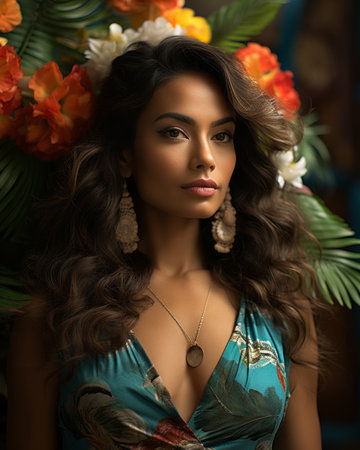 a beautiful woman with long hair and flowers in her hairの素材