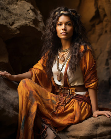 a beautiful woman in an orange dress sitting on a rockの素材