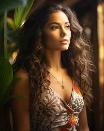 a beautiful woman with long curly hair standing in front of a plantの素材
