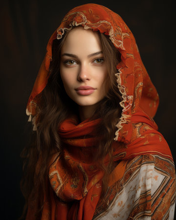 a beautiful young woman in an orange shawlの素材