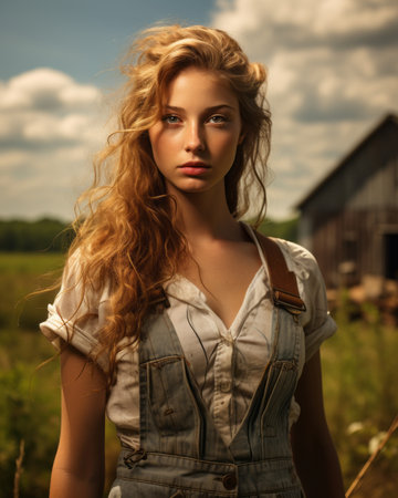 a beautiful young woman in overalls standing in front of a barnの素材