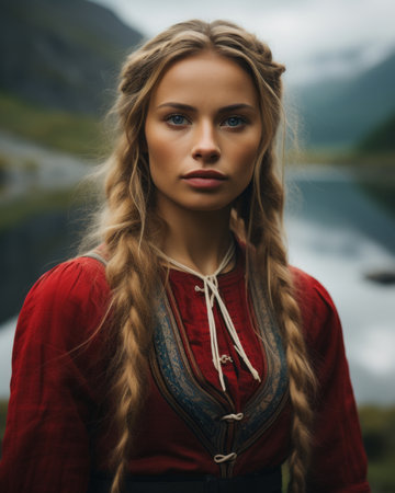 a beautiful young woman in a traditional norwegian dressの素材