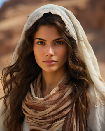 a beautiful young woman in the desert wearing a headscarfの素材