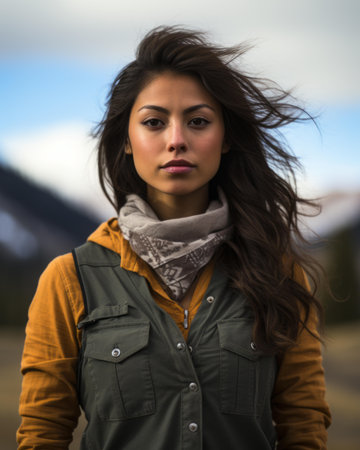 a beautiful young woman with long hair and a scarf in front of mountainsの素材