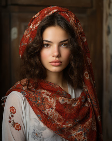 a beautiful young woman wearing a red scarfの素材