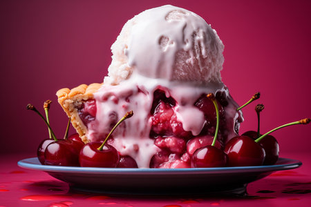 a cherry pie topped with ice cream and cherriesの素材