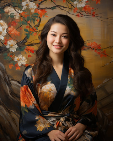 a beautiful young woman in an oriental robe sitting on a chairの素材