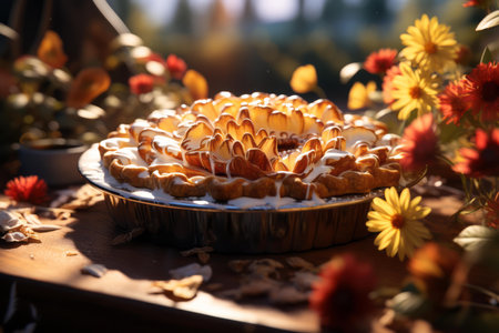 a cake sitting on top of a table with flowers around itの素材