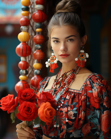 a beautiful young woman in a traditional mexican dress holding a bouquet of red rosesの素材