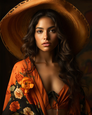 a beautiful young woman in an orange dress and hatの素材