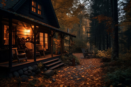 a cabin in the woods at night with leaves on the groundの素材