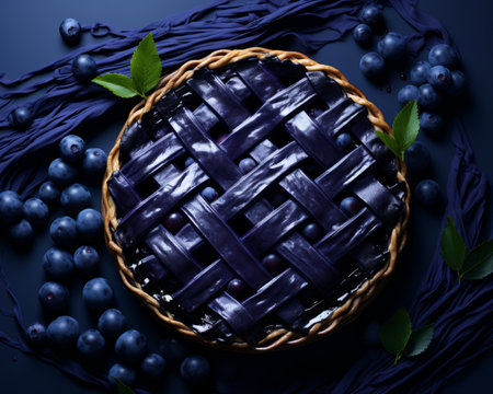 a blueberry pie is surrounded by blueberries on a blue backgroundの素材