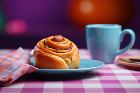 a blue plate with a pastry on it next to a cup of coffeeの素材