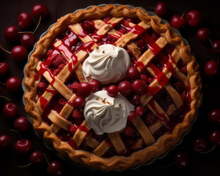 a cherry pie topped with whipped cream and cherriesの素材