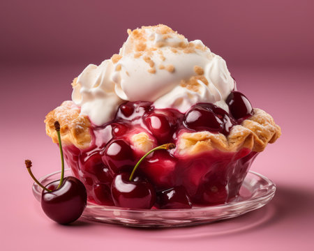a cherry pie topped with whipped cream and cherriesの素材